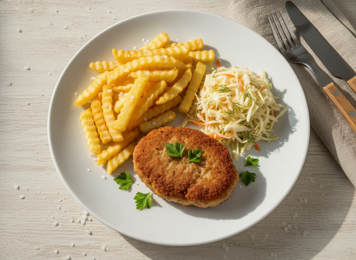 Котлета с картофелем фри и капустным салатом photo