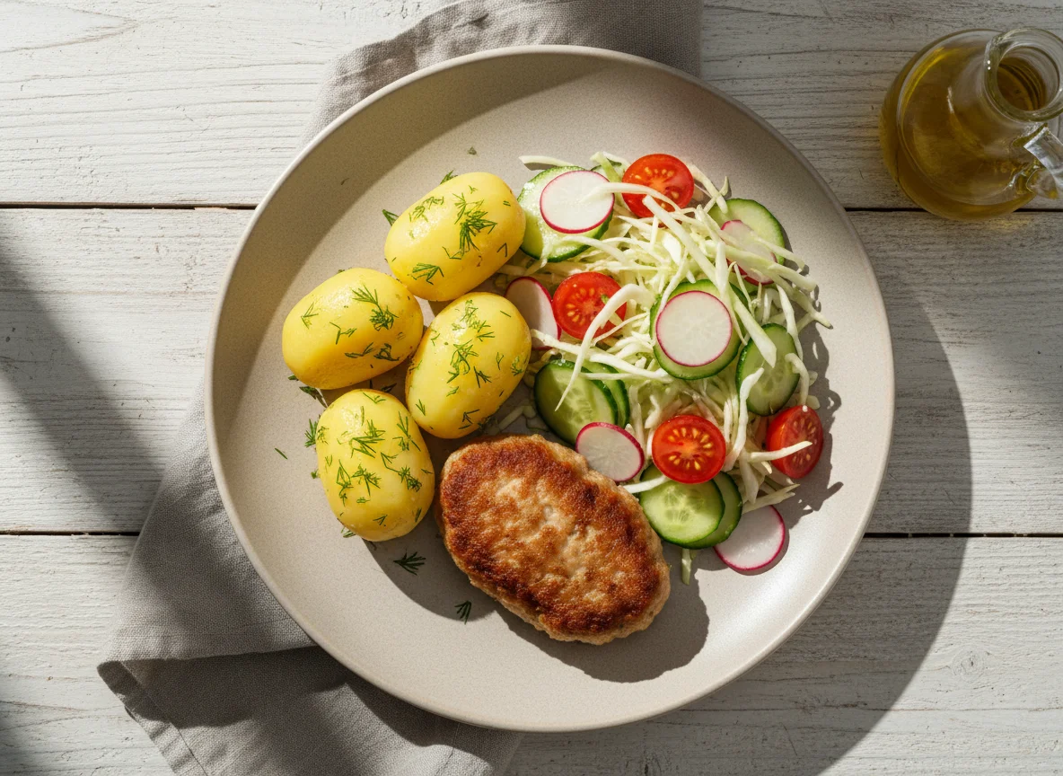 Котлета с картофелем и овощным салатом photo