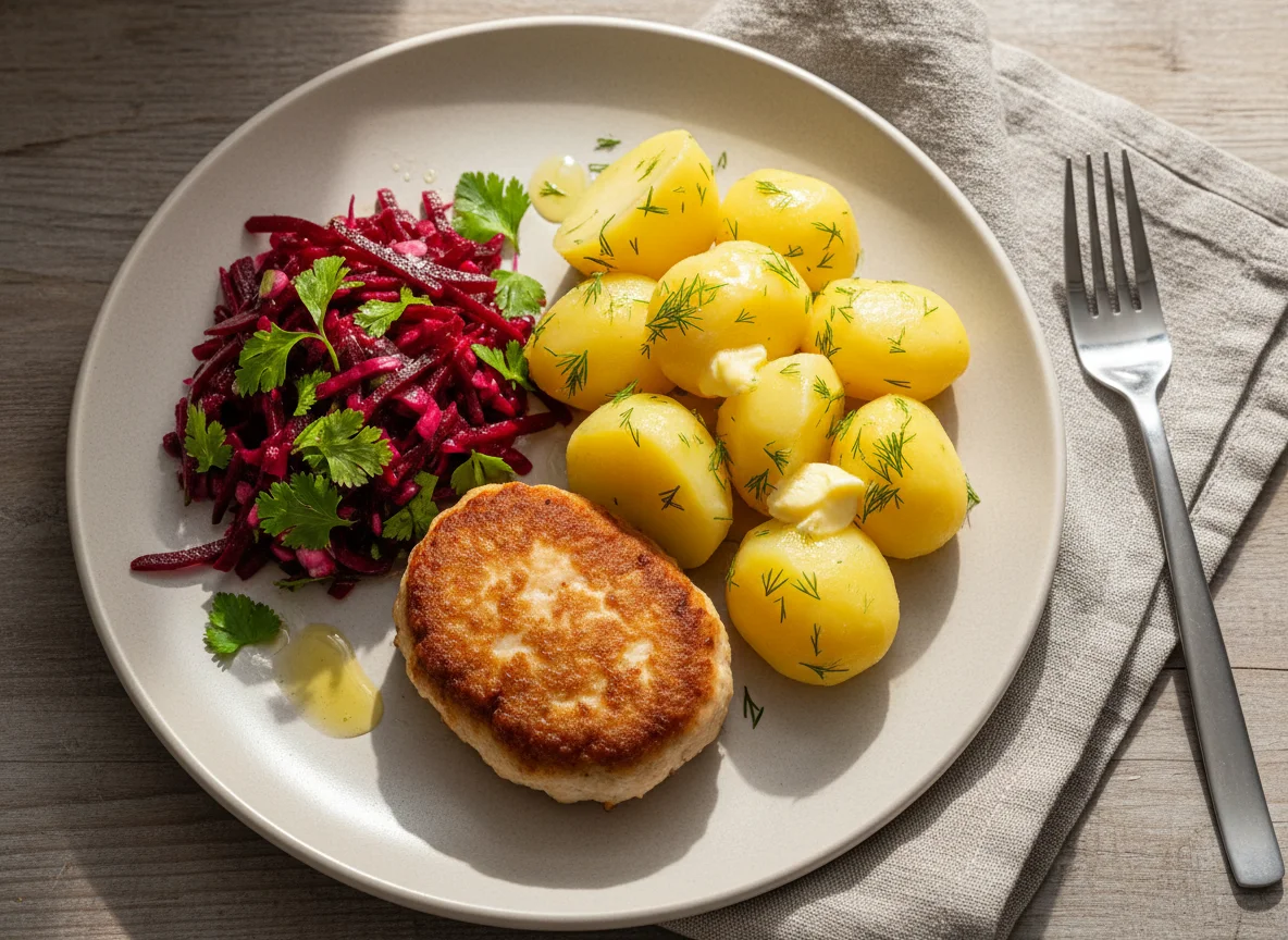 Котлета с картофелем и свекольным салатом photo