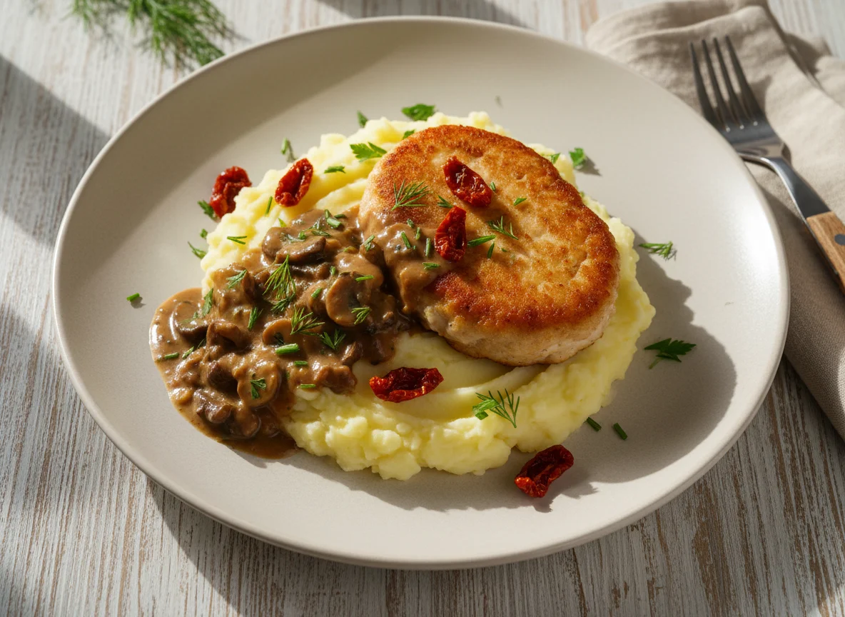 Котлета с картофельным пюре и грибным соусом photo