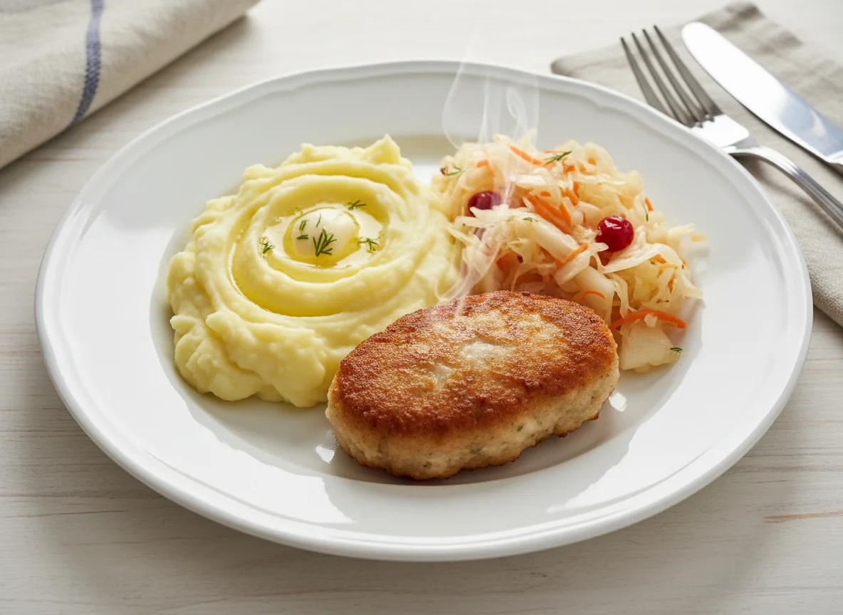 Котлета с картофельным пюре и квашеной капустой photo