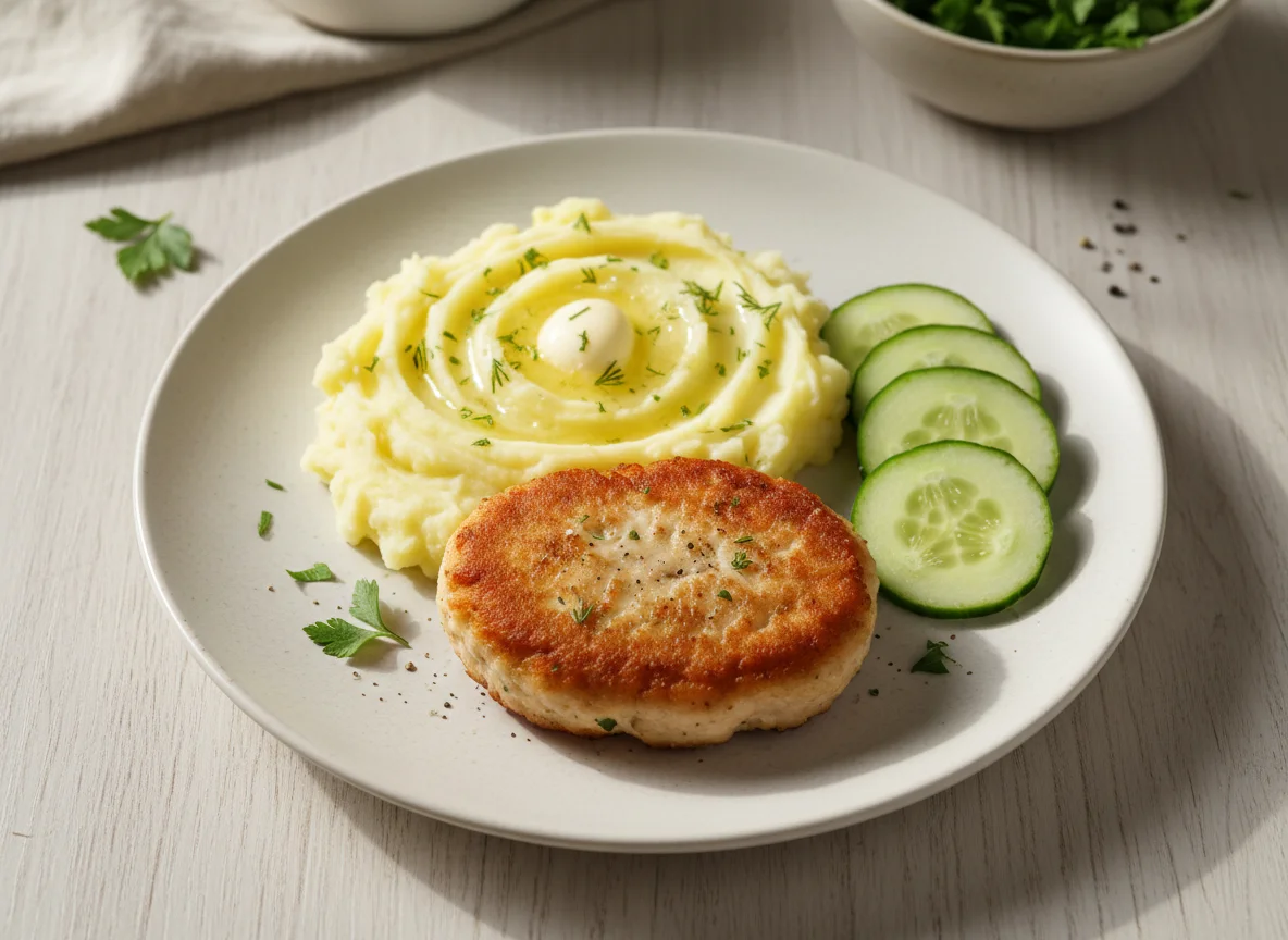 Котлета с картофельным пюре и огурцами photo