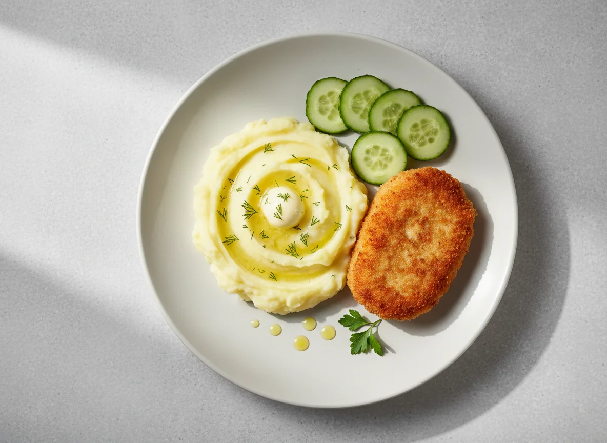 Котлета с картофельным пюре и огурцом photo