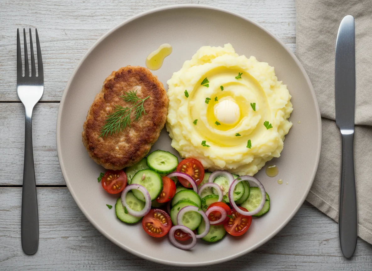 Котлета с картофельным пюре и овощным салатом photo