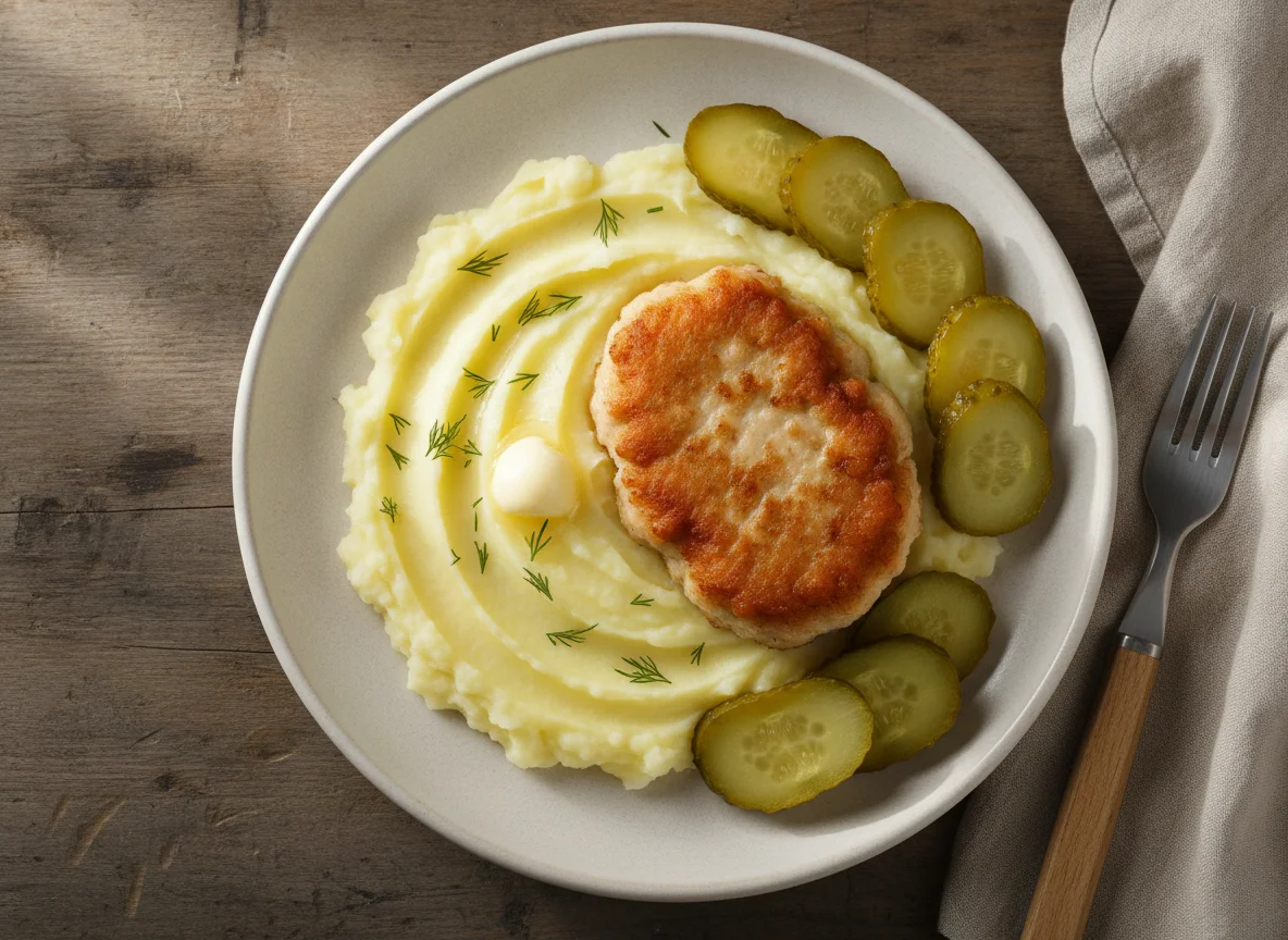 Котлета с картофельным пюре и солеными огурцами photo