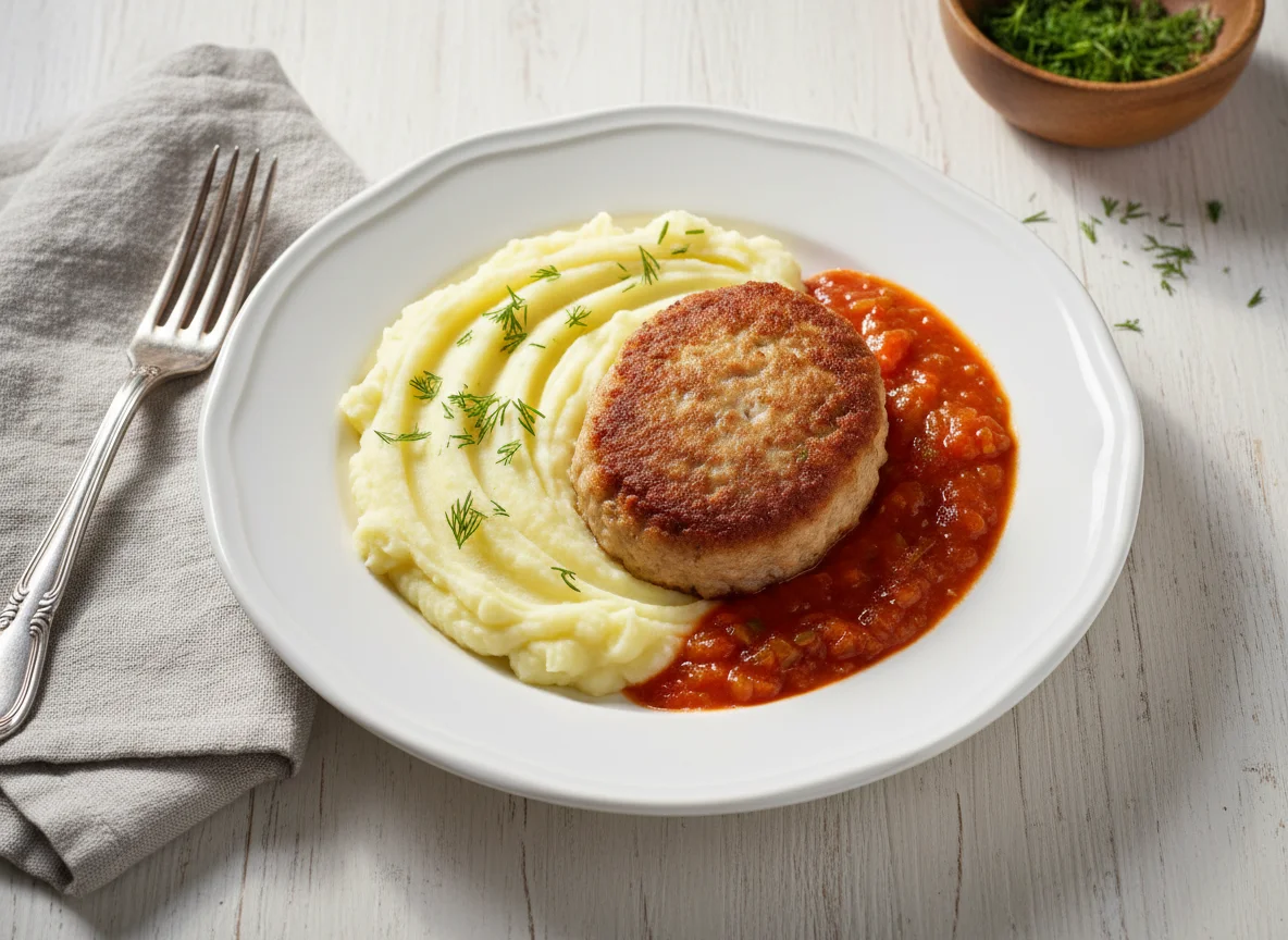 Котлета с картофельным пюре и соусом photo