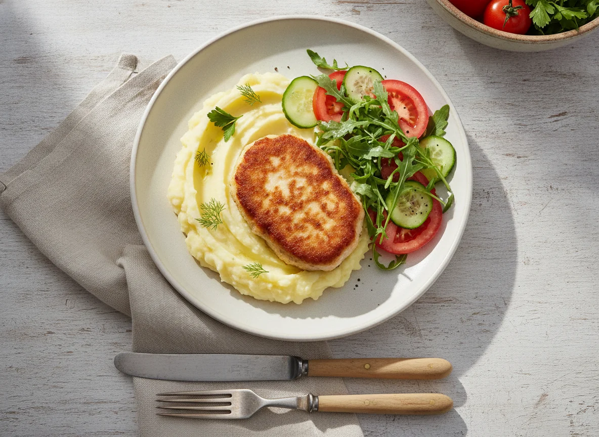 Котлета с картофельным пюре и свежими овощами photo