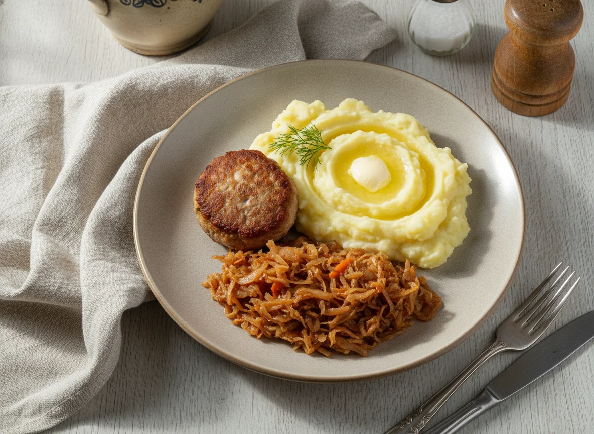 Котлета с картофельным пюре и тушеной капустой photo