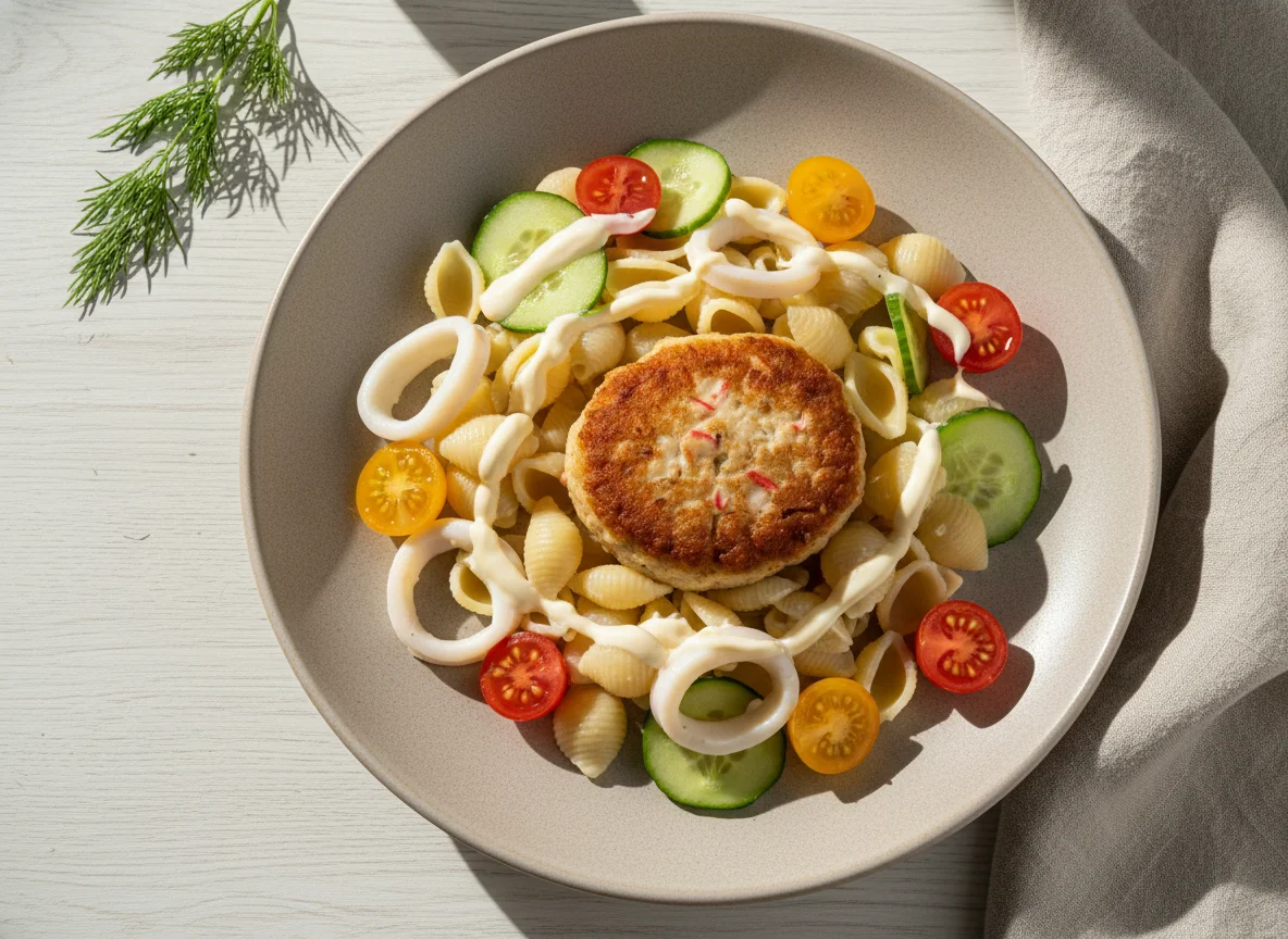 Котлета с крабовыми палочками, творогом и сыром с макаронами и овощами photo