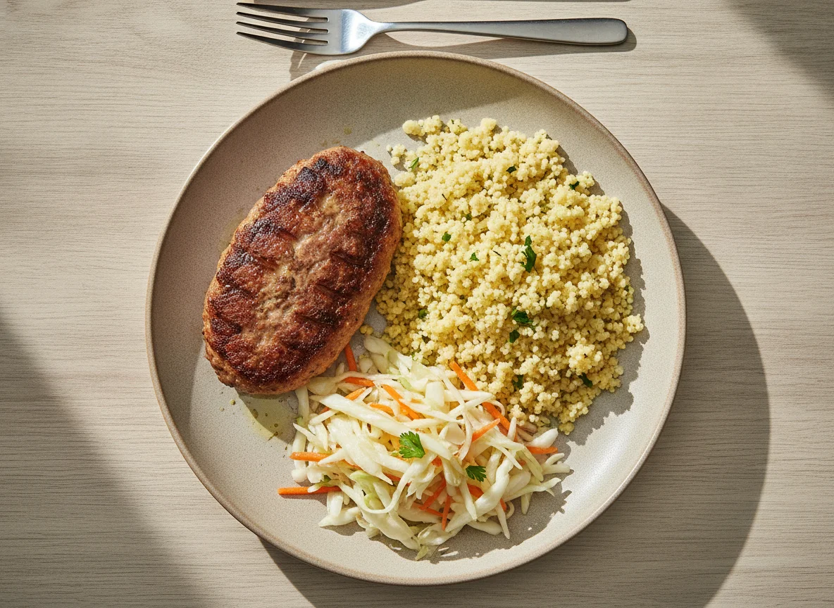 Котлета с кускусом и овощным салатом photo