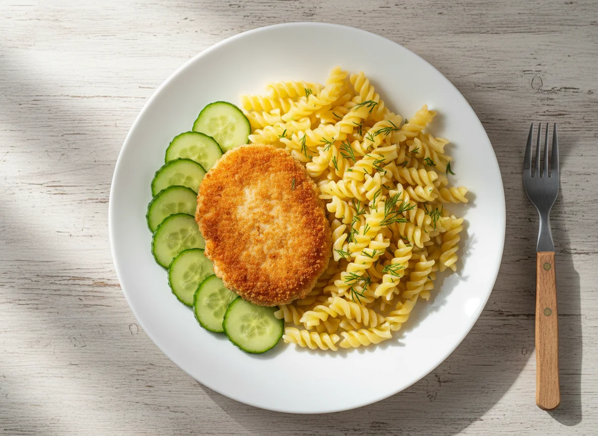 Котлета с макаронами и огурцом photo