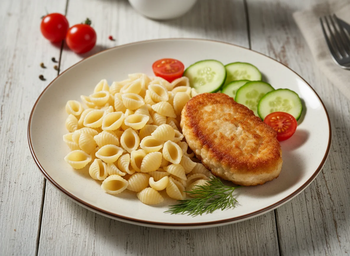 Котлета с макаронами и овощами photo