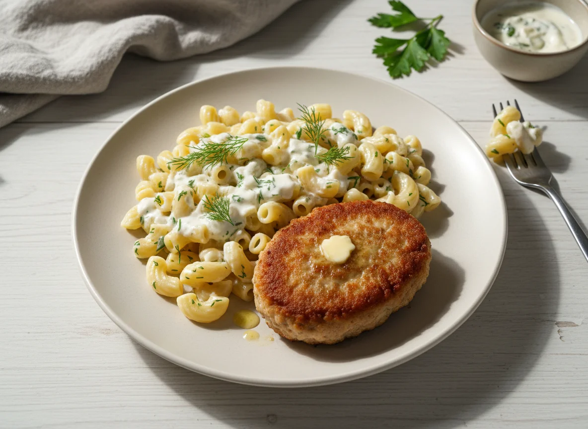 Котлета с макаронами и соусом photo