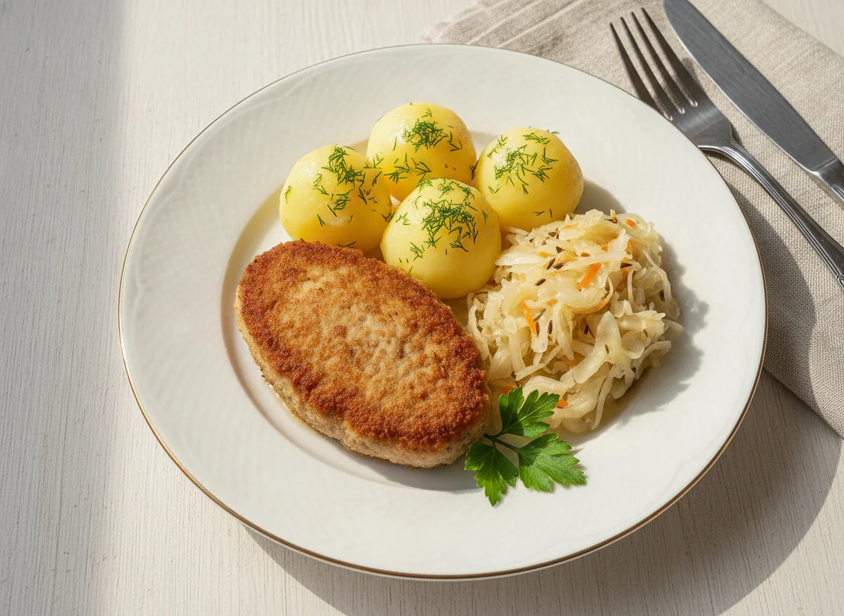 Котлета с отварным картофелем и квашеной капустой photo