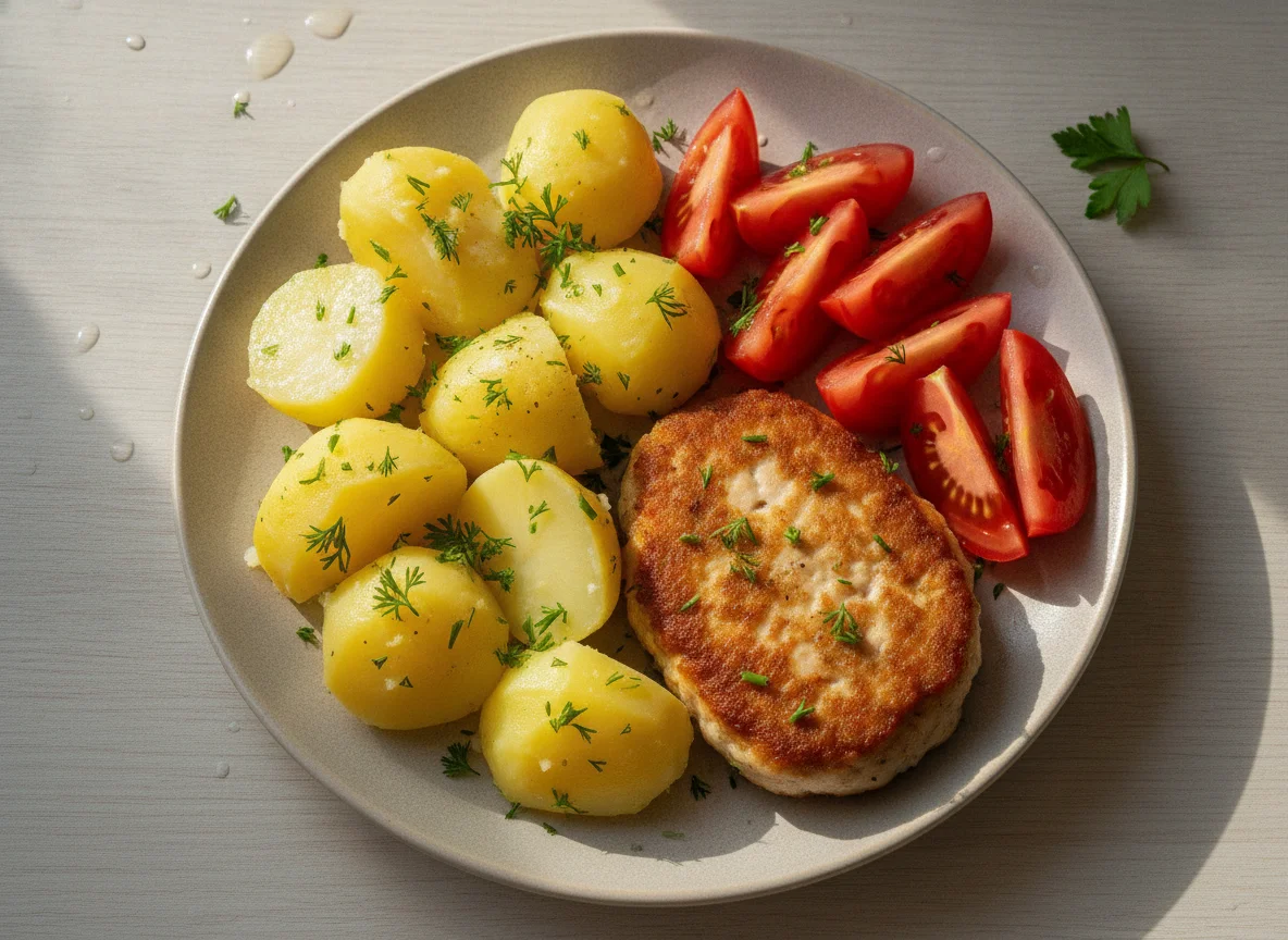 Котлета с отварным картофелем и свежими овощами photo
