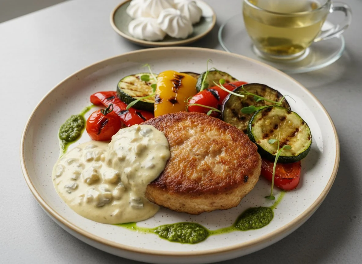 Котлета с овощами гриль и соусом photo