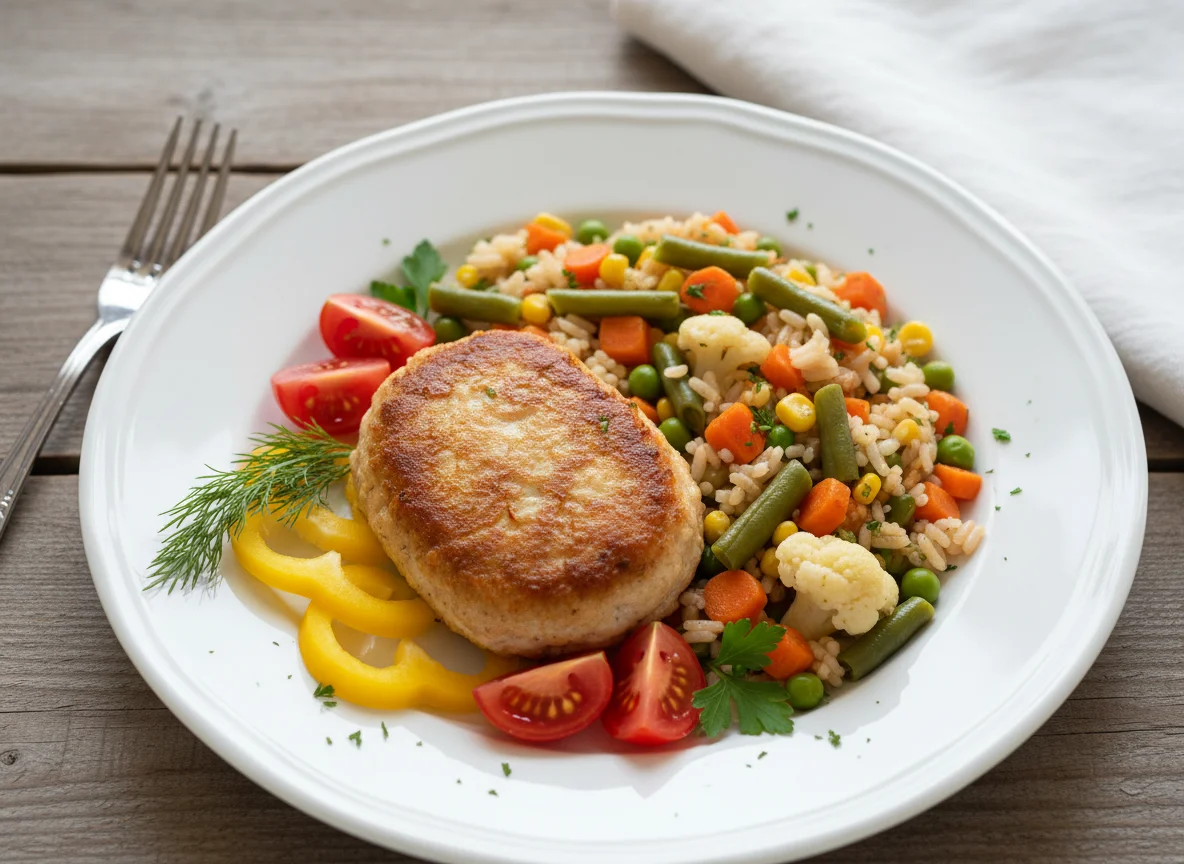 Котлета с овощным гарниром и свежими овощами photo