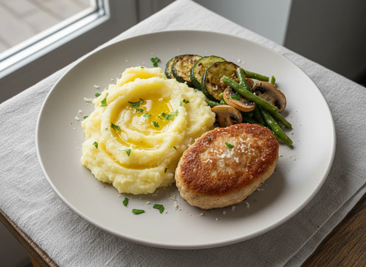 Котлета с пюре и овощами photo