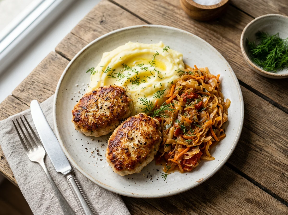 Котлета с пюре и тушеной капустой photo