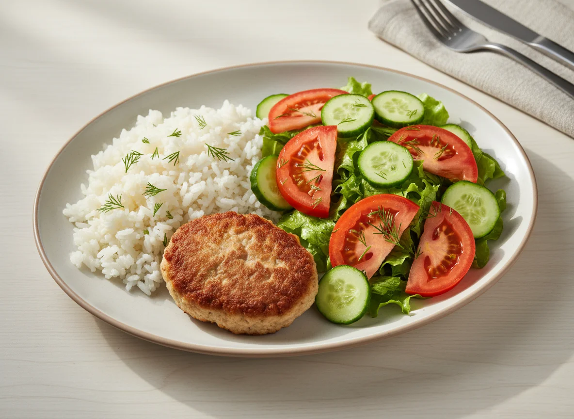 Котлета с рисом и овощной салат photo
