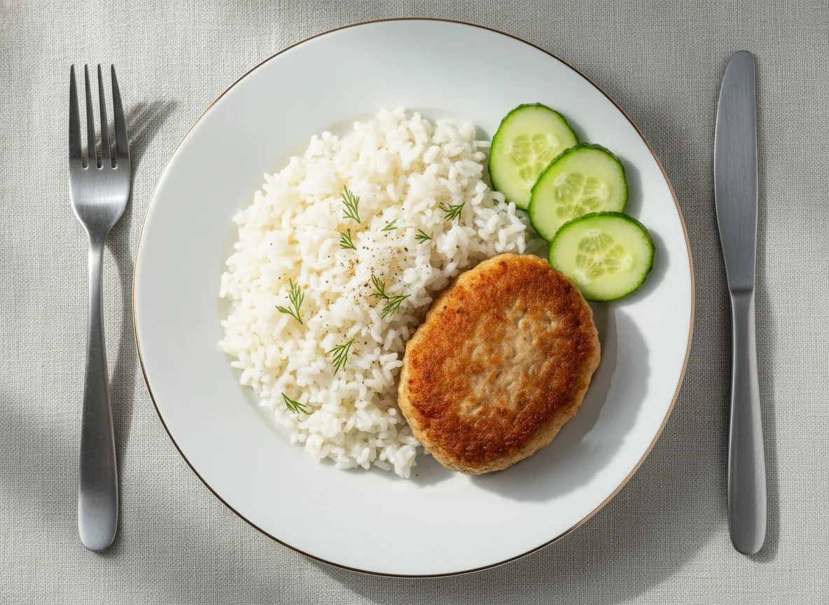 Котлета с рисом и свежим огурцом photo
