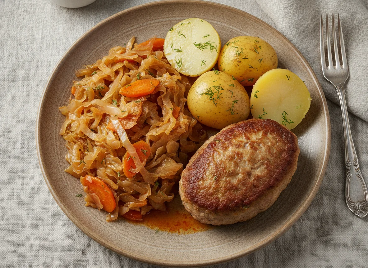 Котлета с тушеной капустой и картофелем photo