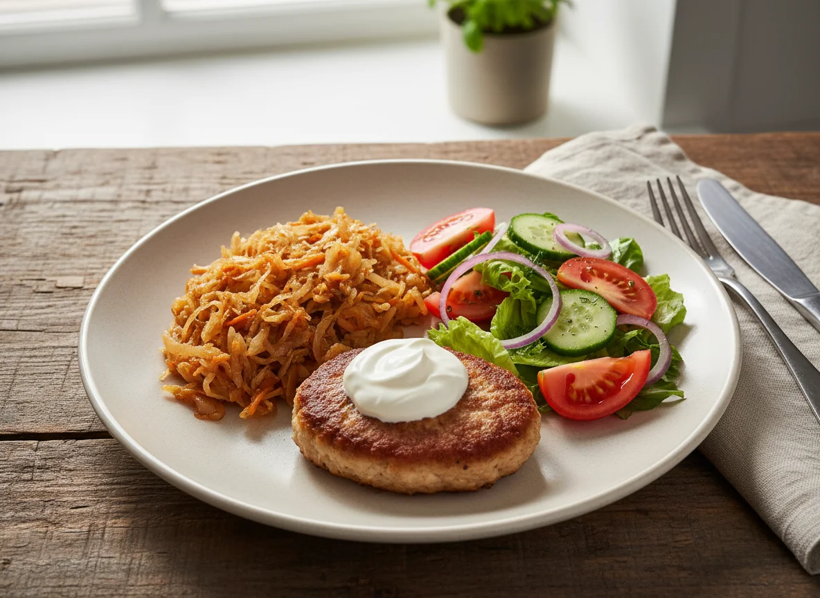 Котлета с тушеной капустой и овощным салатом photo