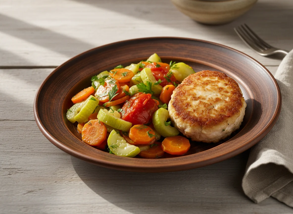 Котлета с тушеными овощами photo