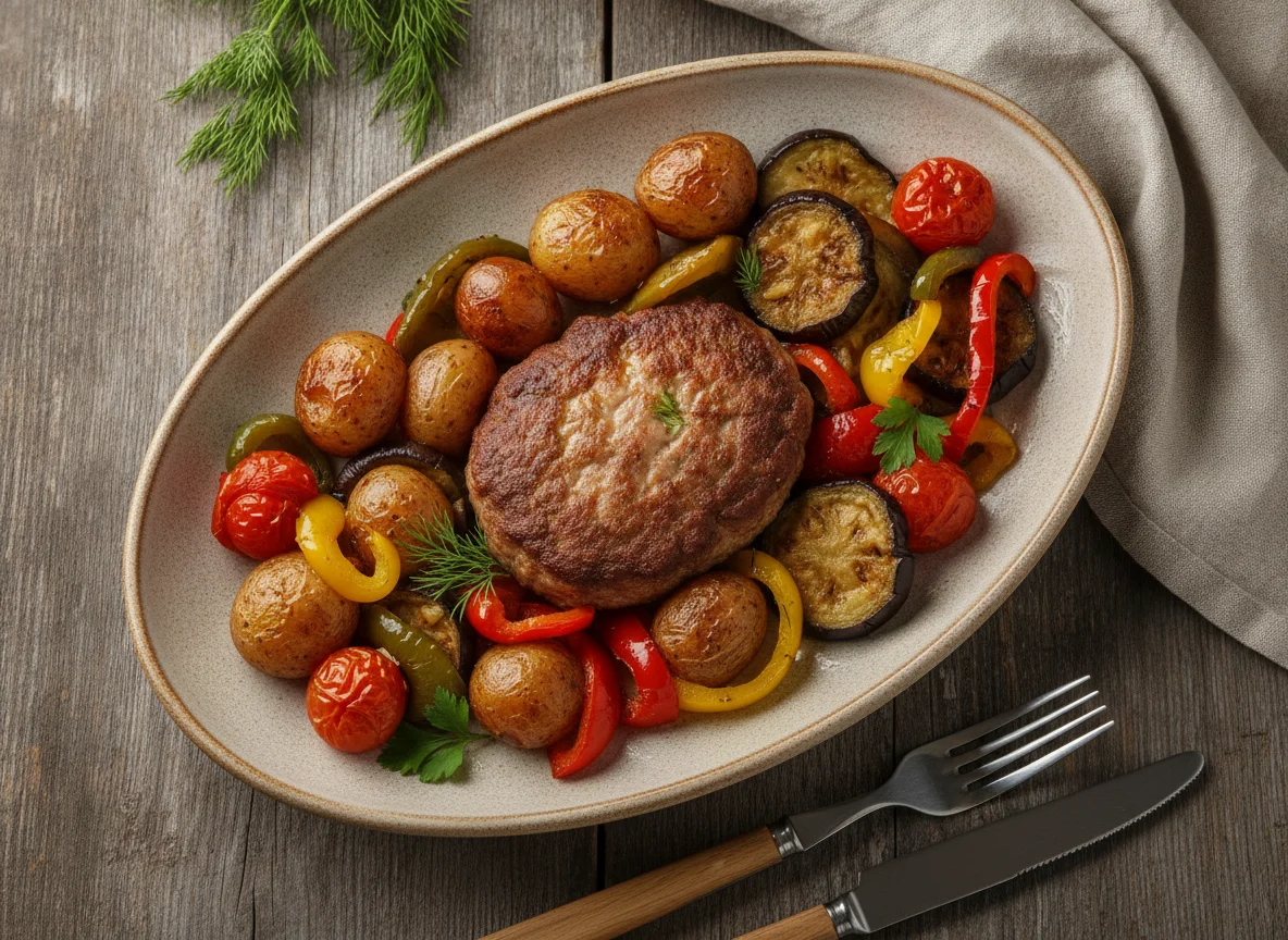 Котлета с запеченными овощами photo