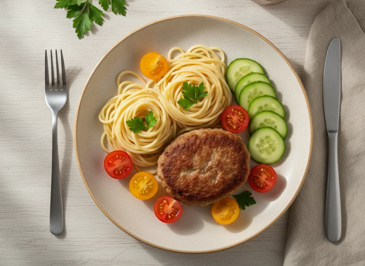 Котлета со спагетти и овощами photo