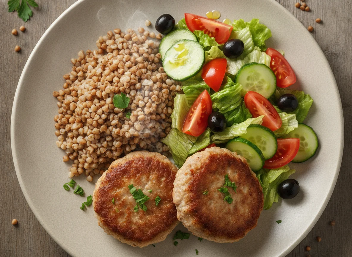 Котлеты с гречкой и овощным салатом photo