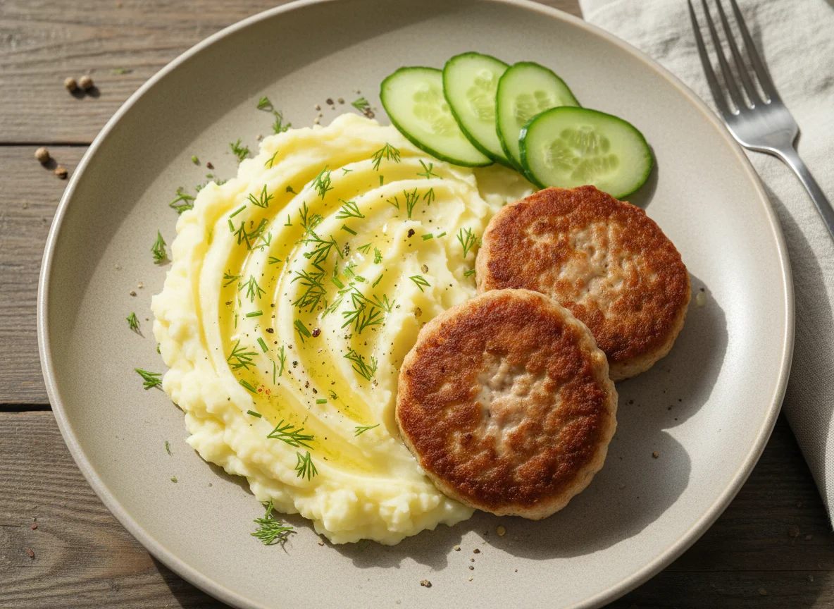 Котлеты с картофельным пюре и огурцами photo