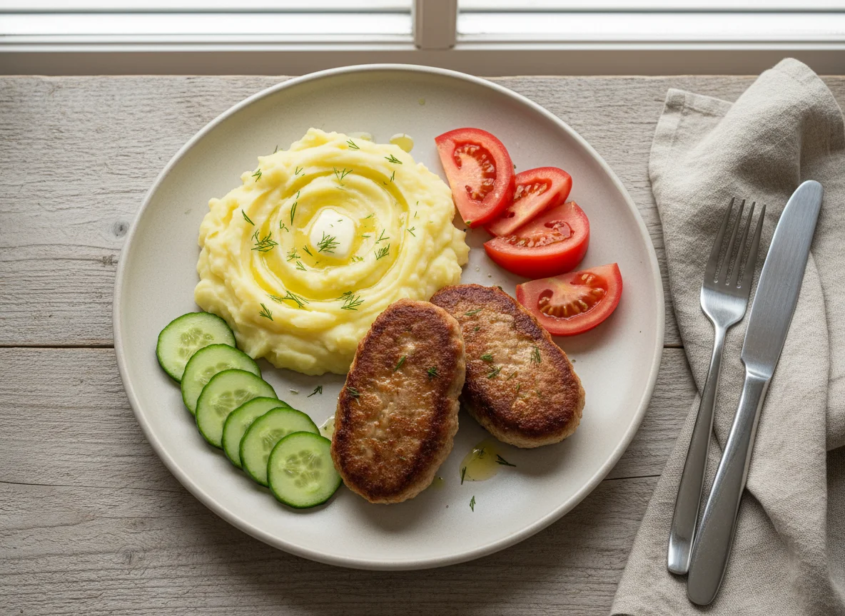 Котлеты с картофельным пюре и овощами photo