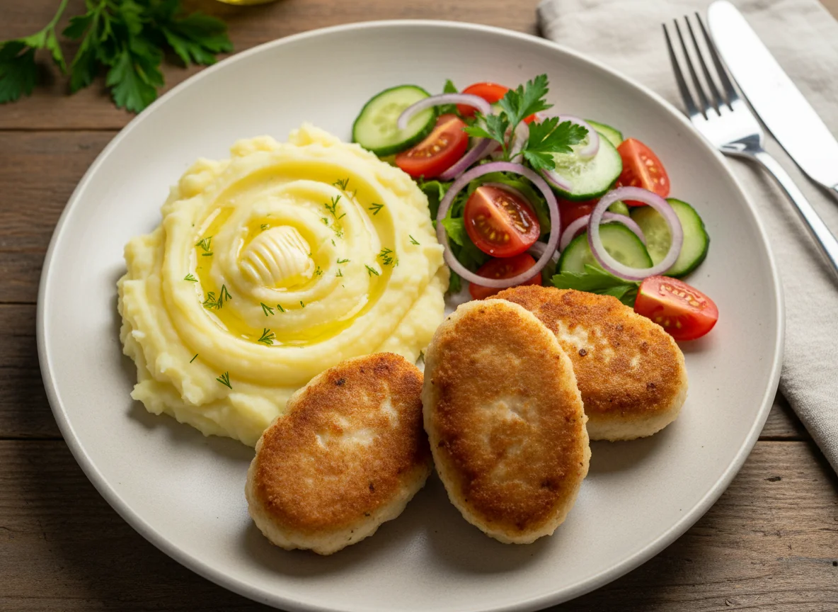 Котлеты с картофельным пюре и овощным салатом photo