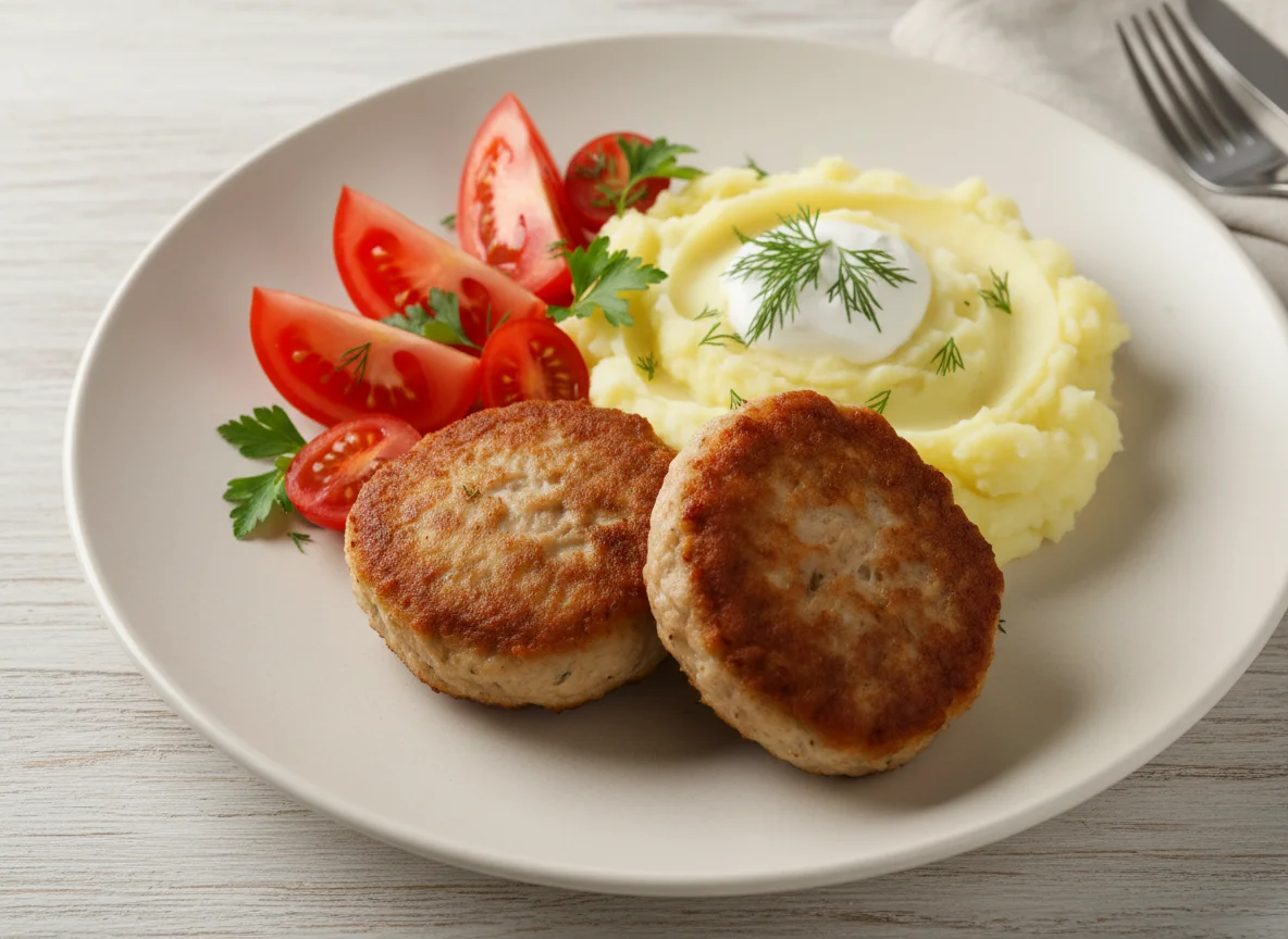 Котлеты с картофельным пюре и помидорами photo