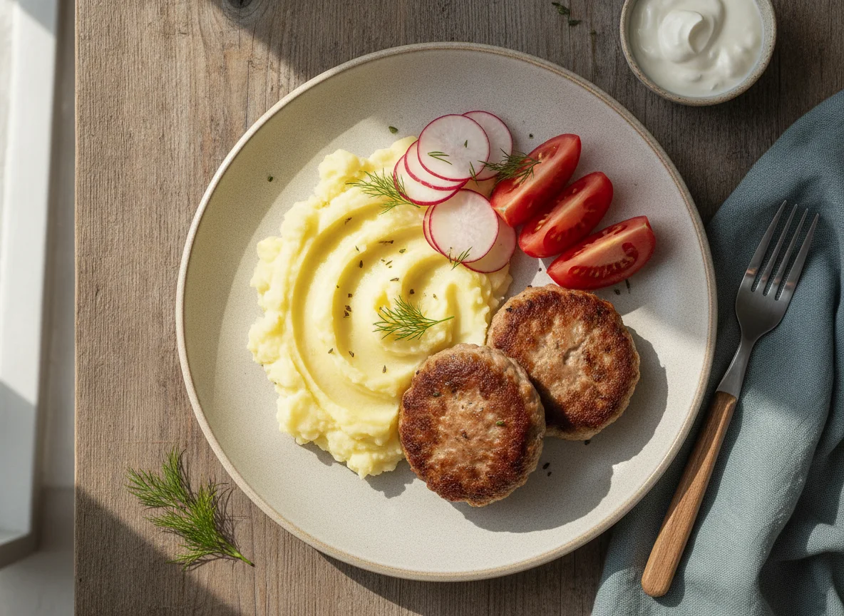 Котлеты с картофельным пюре и свежими овощами photo