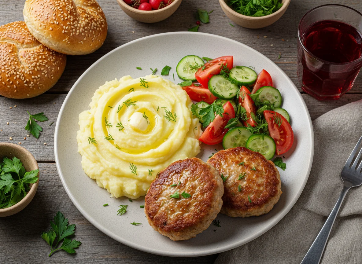 Котлеты с картофельным пюре, овощным салатом и морсом photo