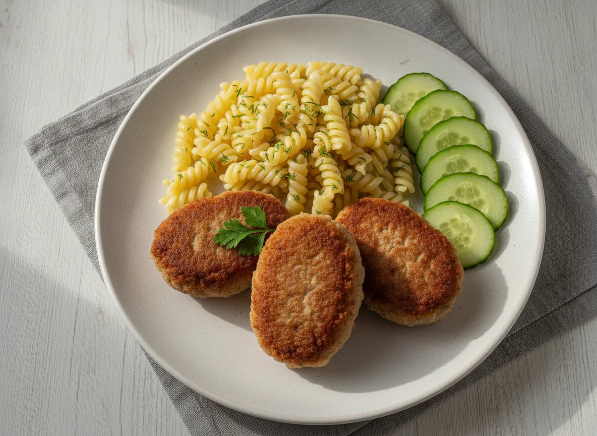 Котлеты с макаронами и огурцом photo