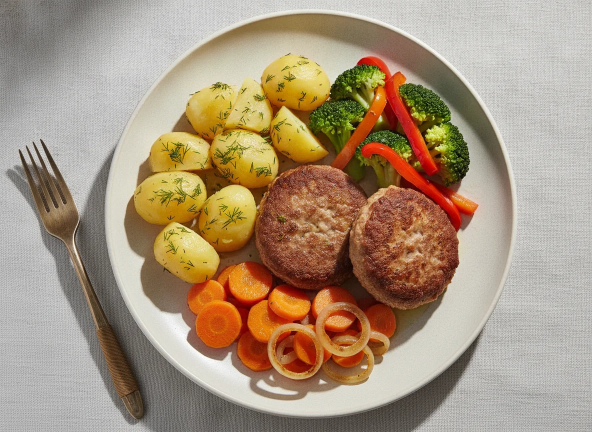 Котлеты с отварным картофелем и овощами photo