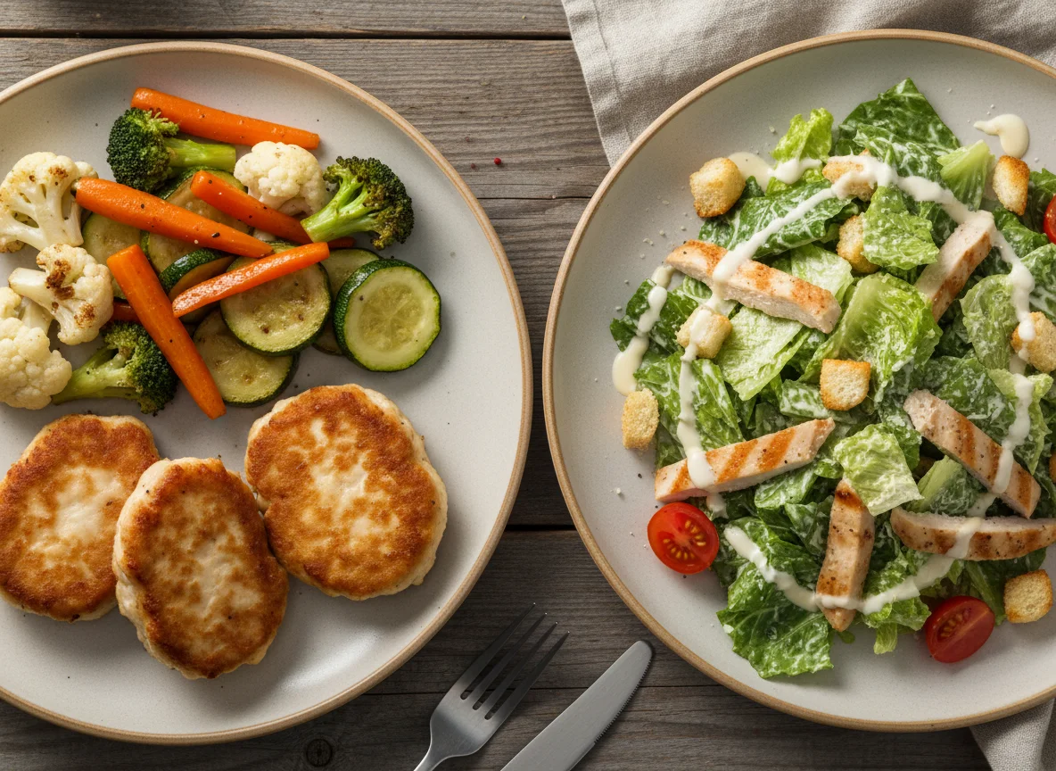 Котлеты с овощами и салат Цезарь photo