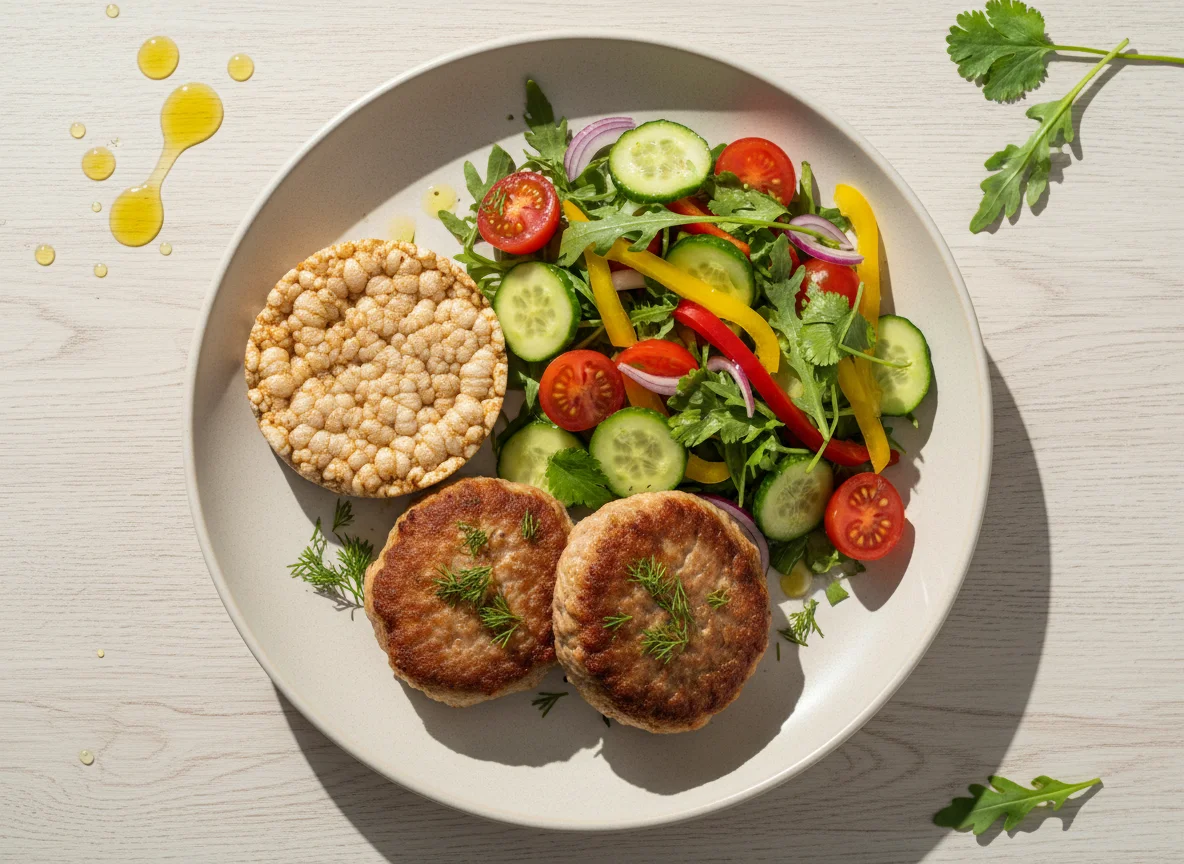 Котлеты с овощным салатом и рисовым хлебцем photo