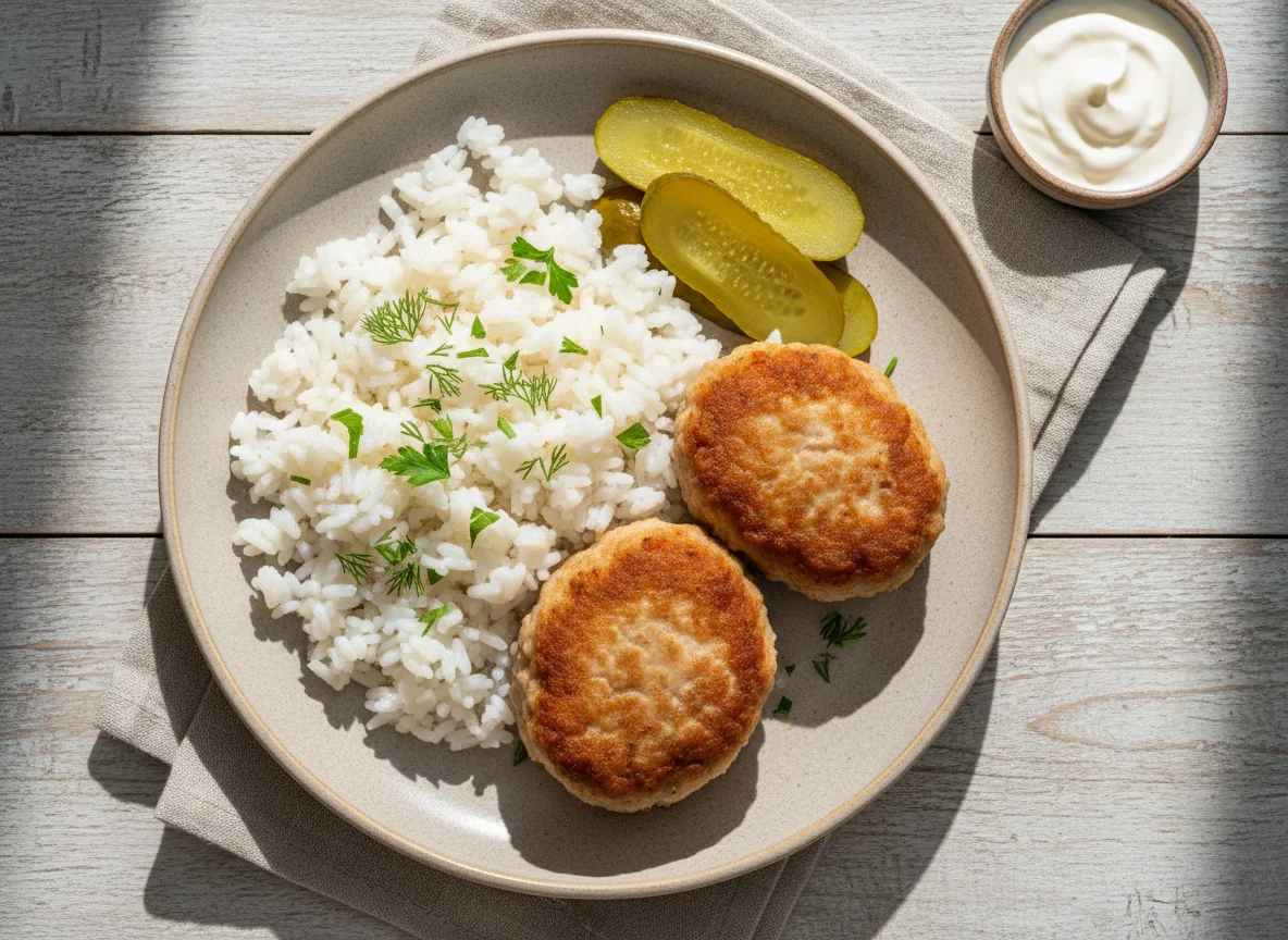 Котлеты с рисом и маринованным огурцом photo