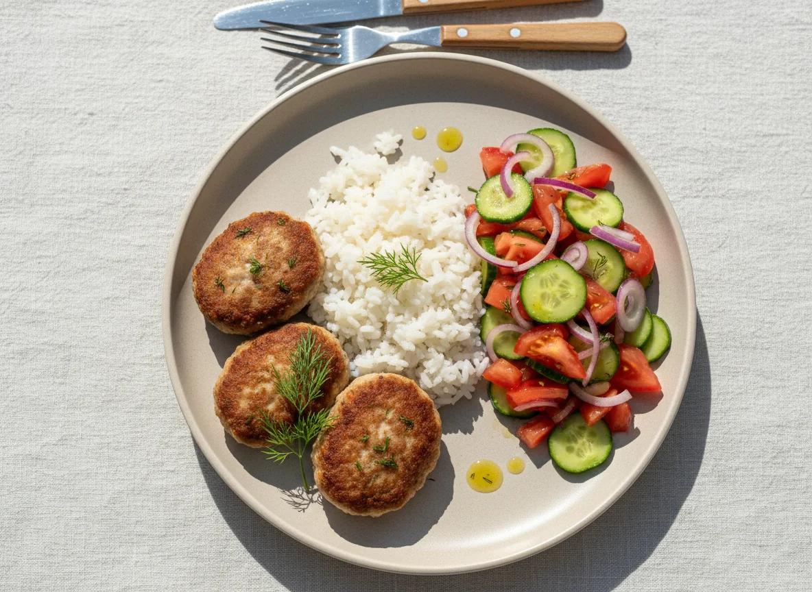 Котлеты с рисом и овощным салатом photo