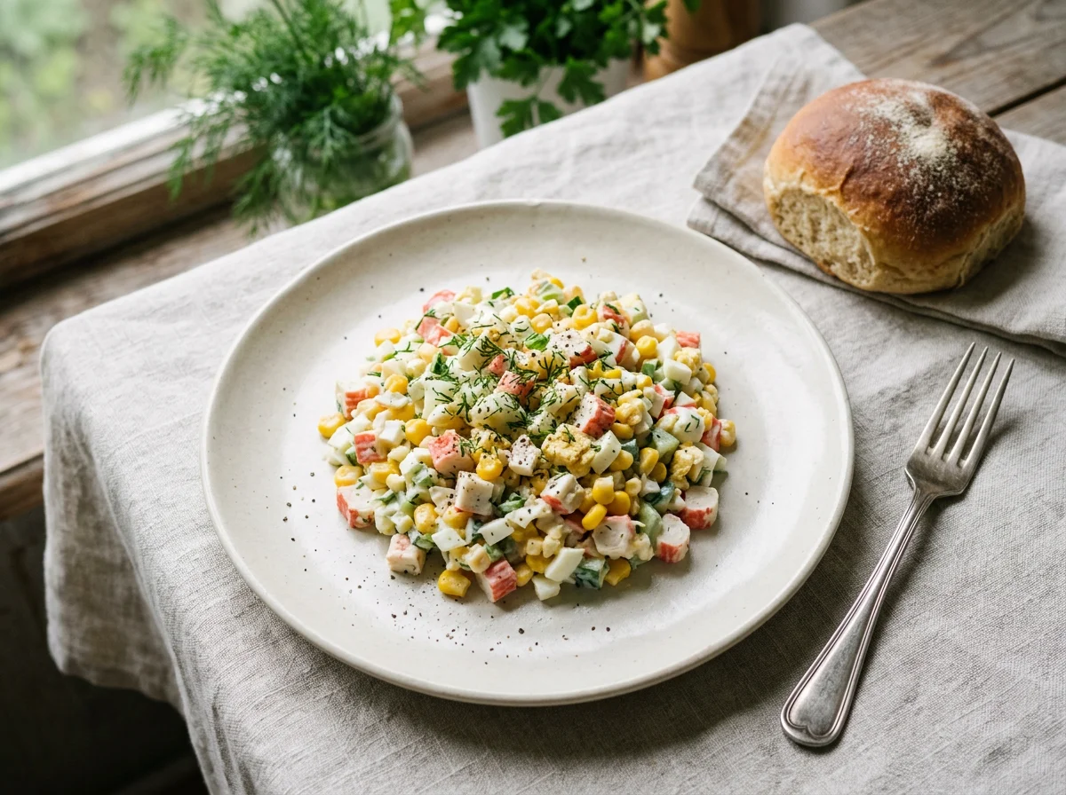 Крабовый салат с булочкой photo