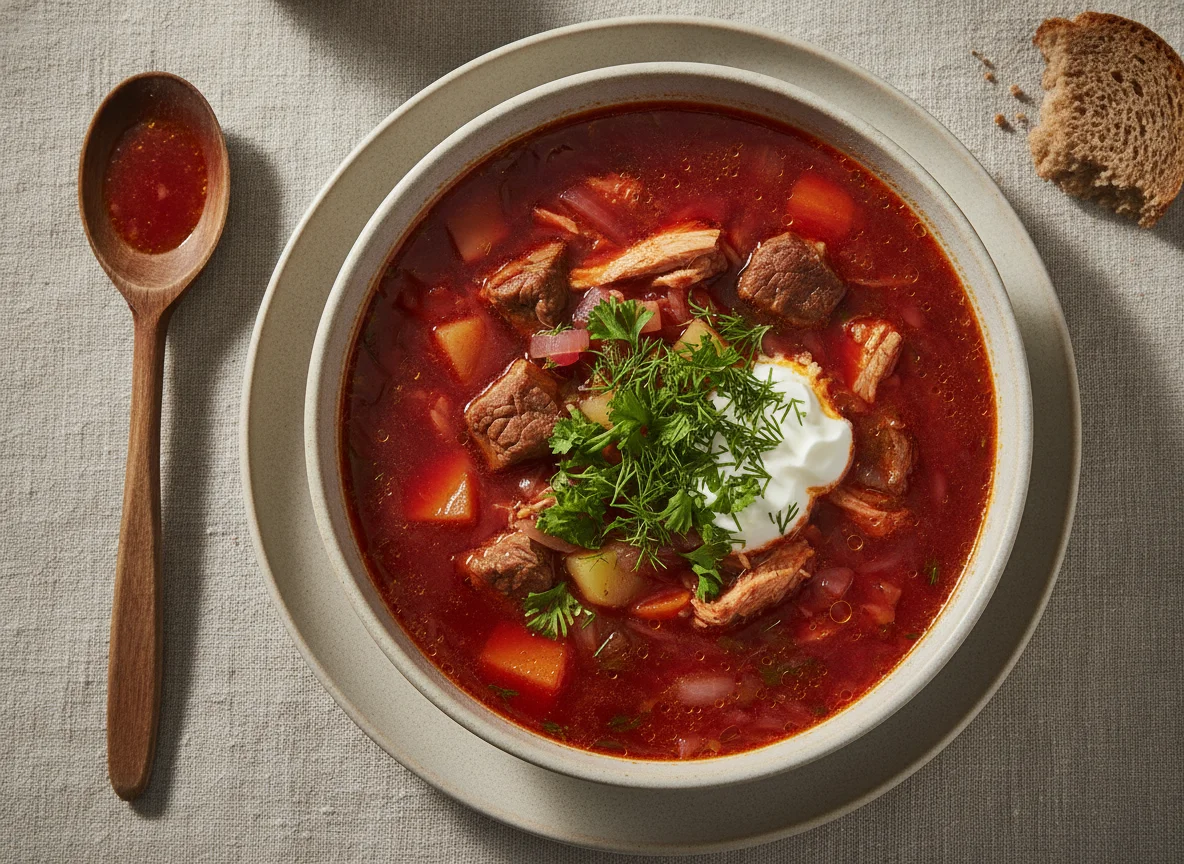 Красный суп с мясом и овощами photo