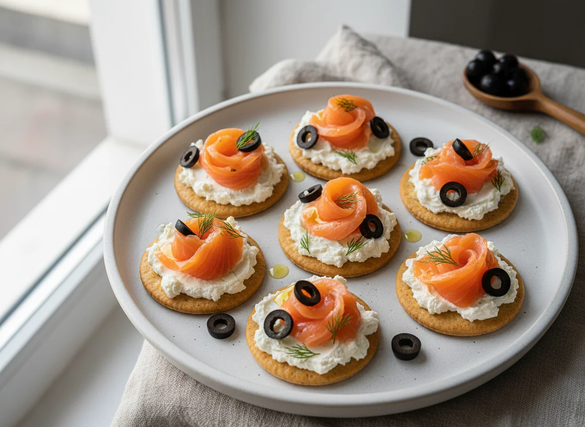 Крекер с лососем, сливочным сыром и оливками photo