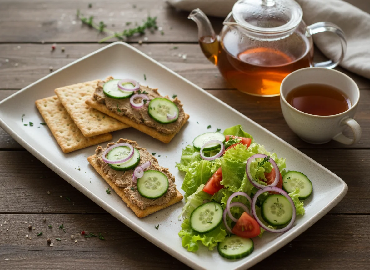 Крекер с паштетом и овощной салат photo