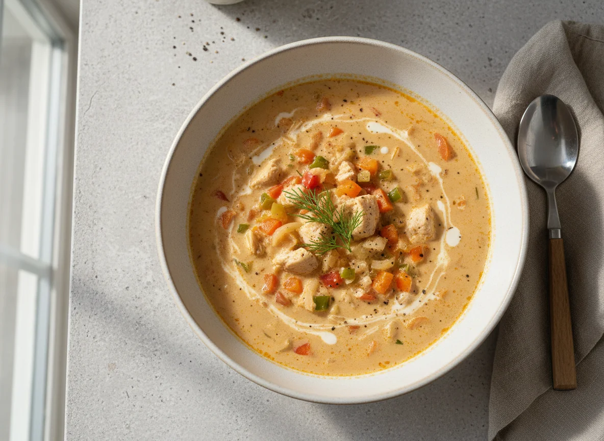 Кремовый суп с курицей и овощами photo