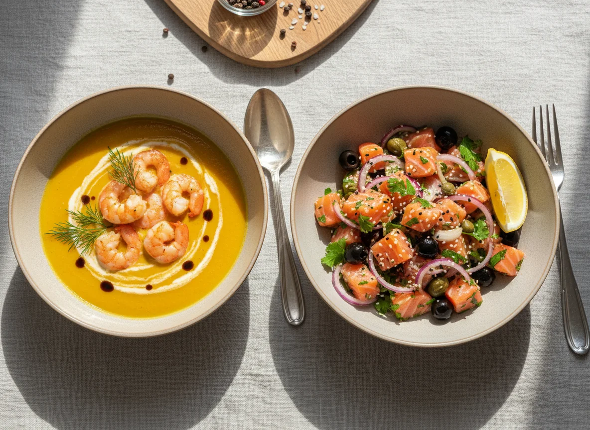 Крем-суп с креветками и салат с лососем и оливками photo