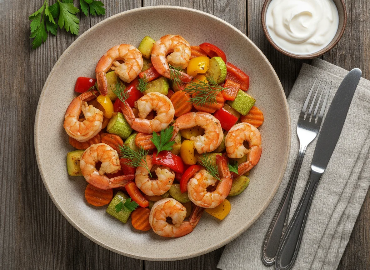 Креветки белоногие с овощами photo